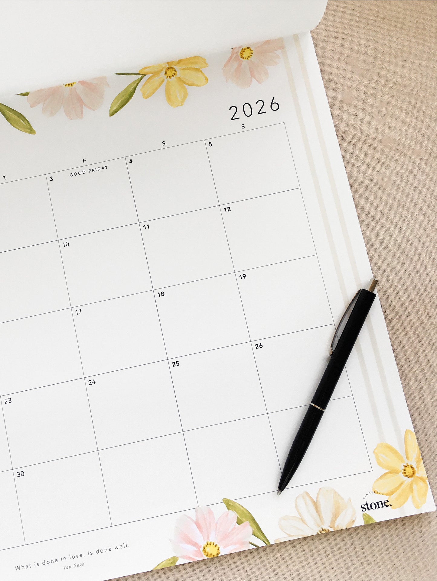 A3 Desk / Fridge Calendar – Floral (Optional Magnets)