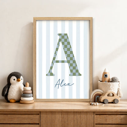 Checkered Pattern - Initial & Name Wall Art Print | Boys