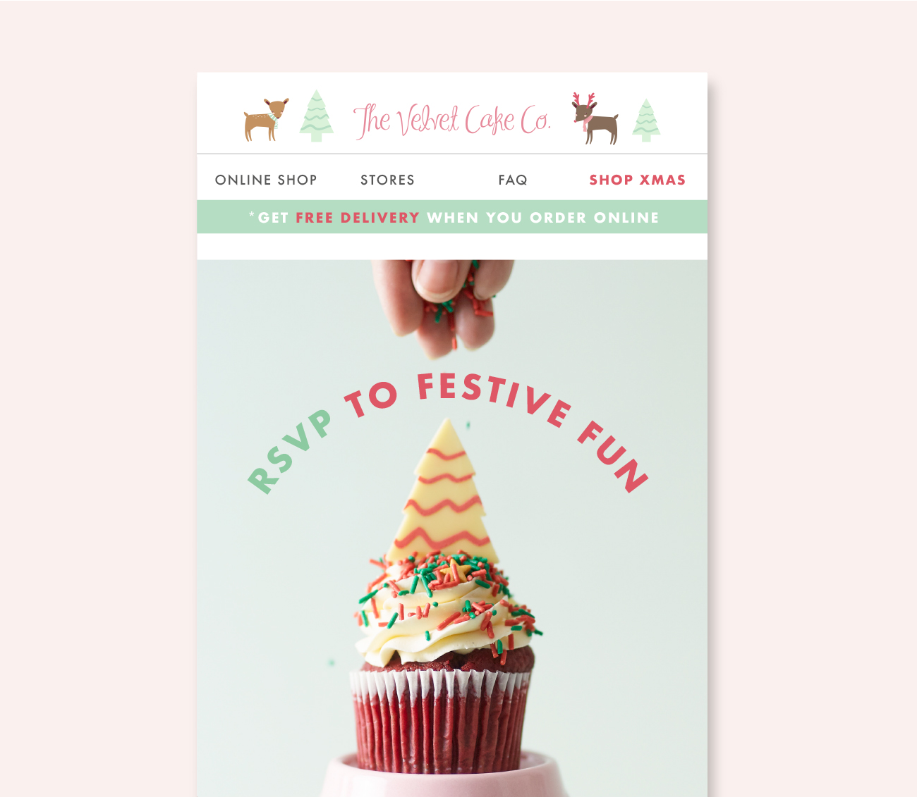 Promotional email from The Velvet Cake Co. with a Christmas-themed cupcake on a light pink background