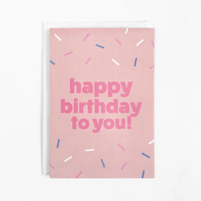  Fun & sprinkled, pink birthday card with white envelope